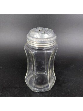 Vintage Glass Salt Sugar Spice Shaker Clear Small Curved Panel Jar Metal Lid